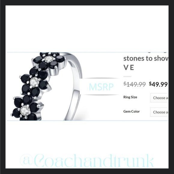 925 Hallmark 18 Black Spinel and 3 White Zirconia Prong Set 3 Flower Size 8 Ring - Picture 4 of 4